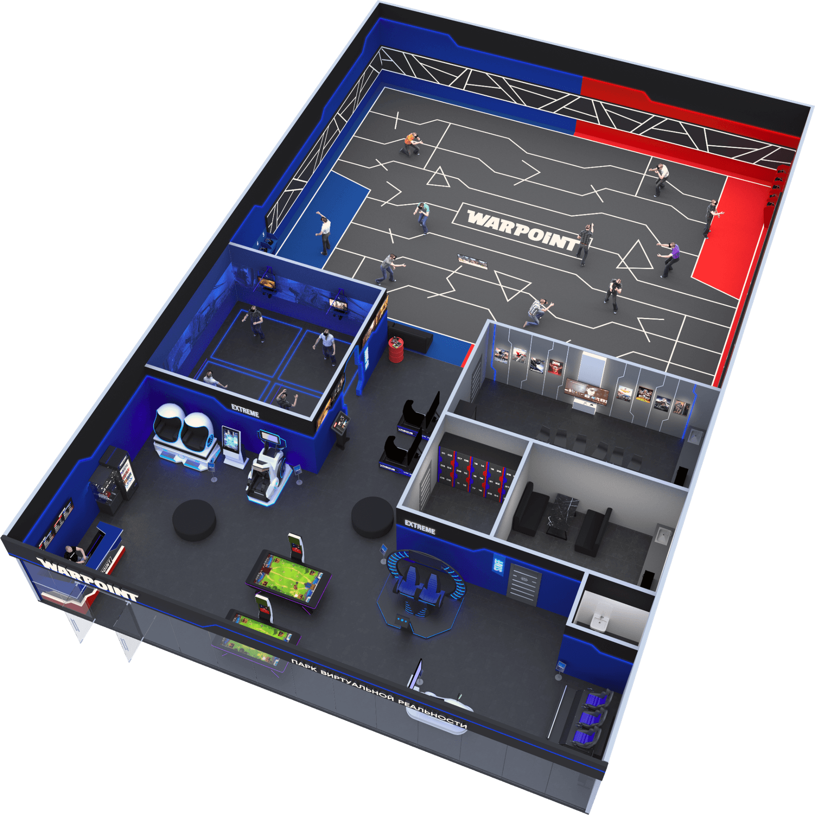 3D план локации Warpoint - игровая арена, VR-Room, VR-Extreme и лаунж-зона на одном этаже